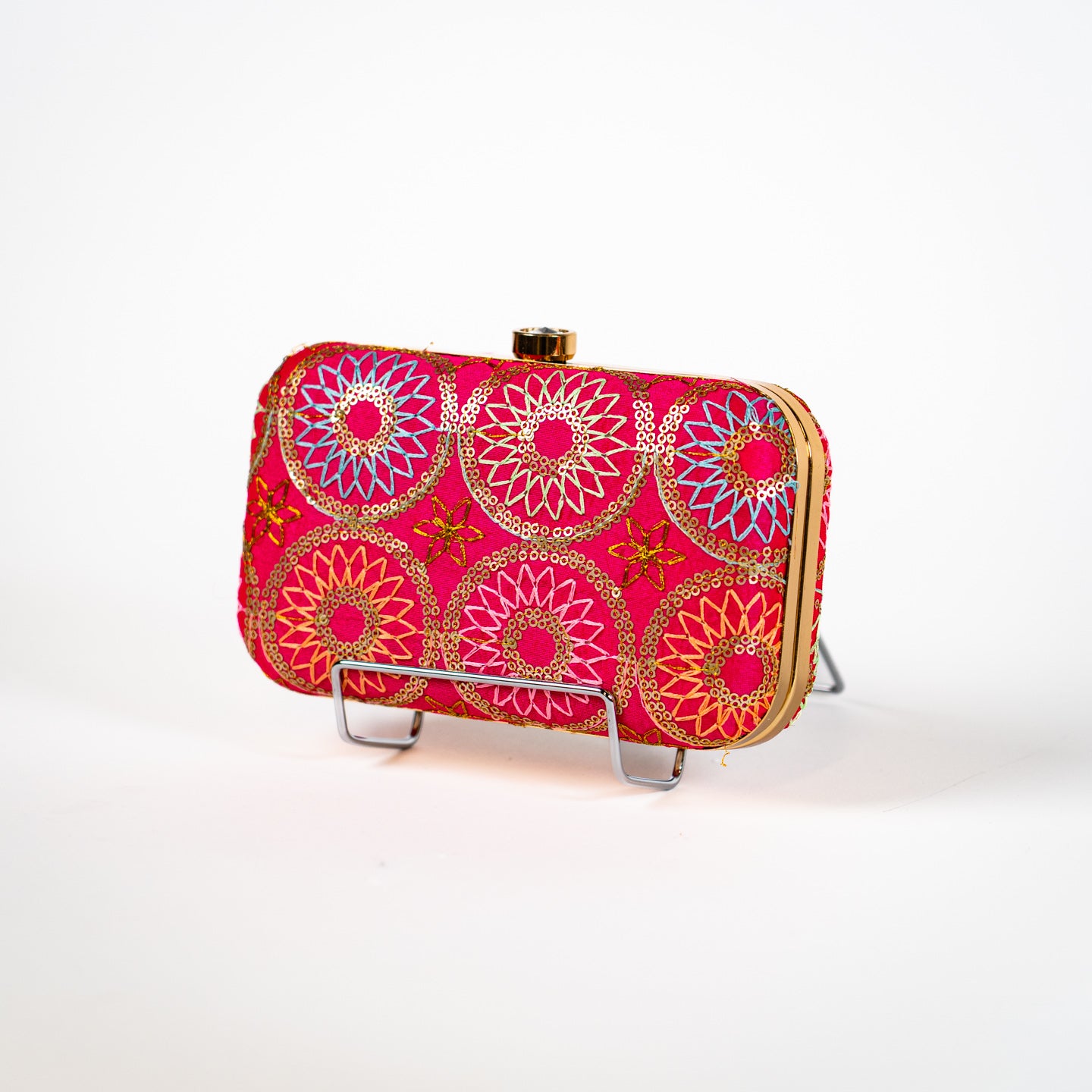 Vibrant Patterned Clutch - Fuschia Circles