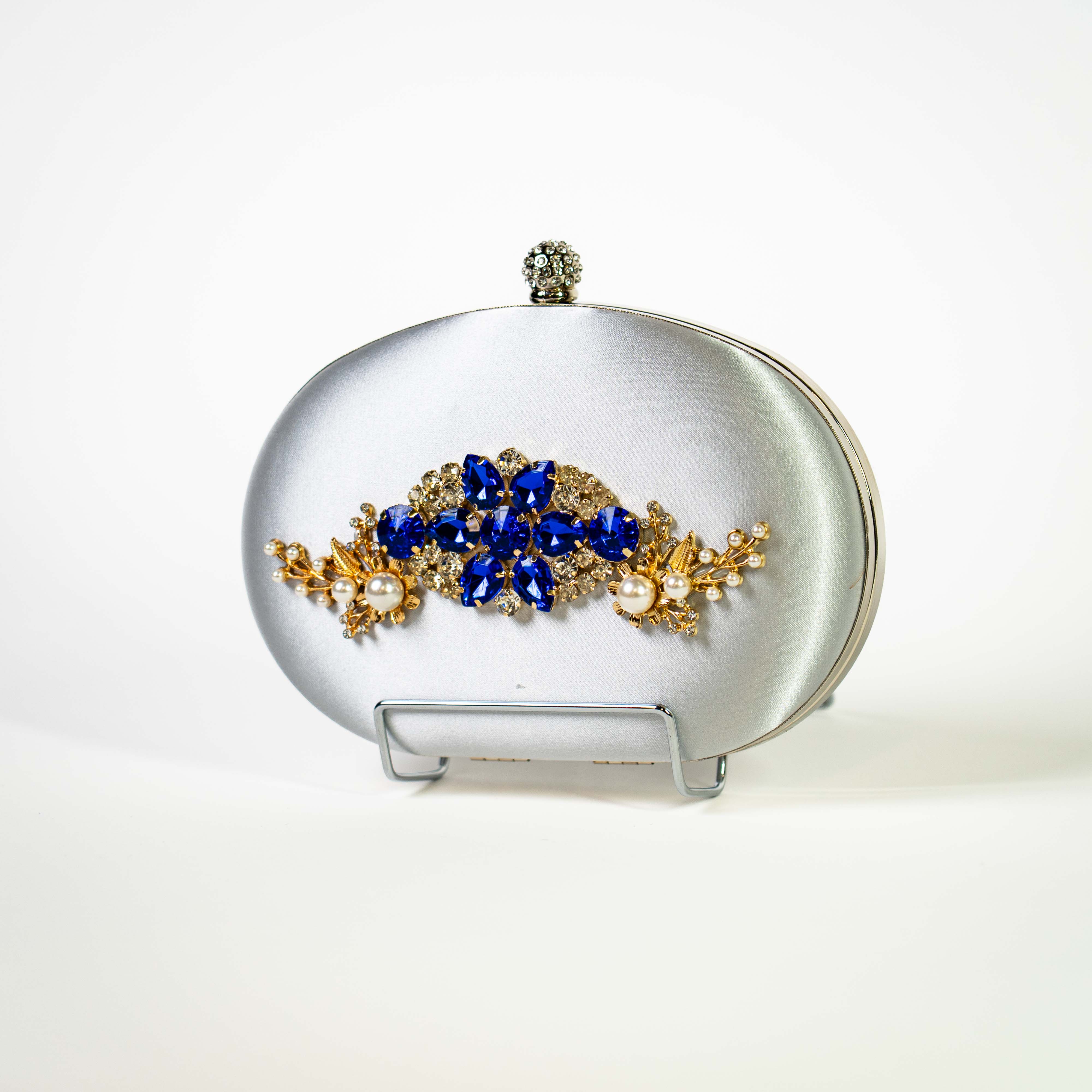 Jeweled Satin Clutch - Silver