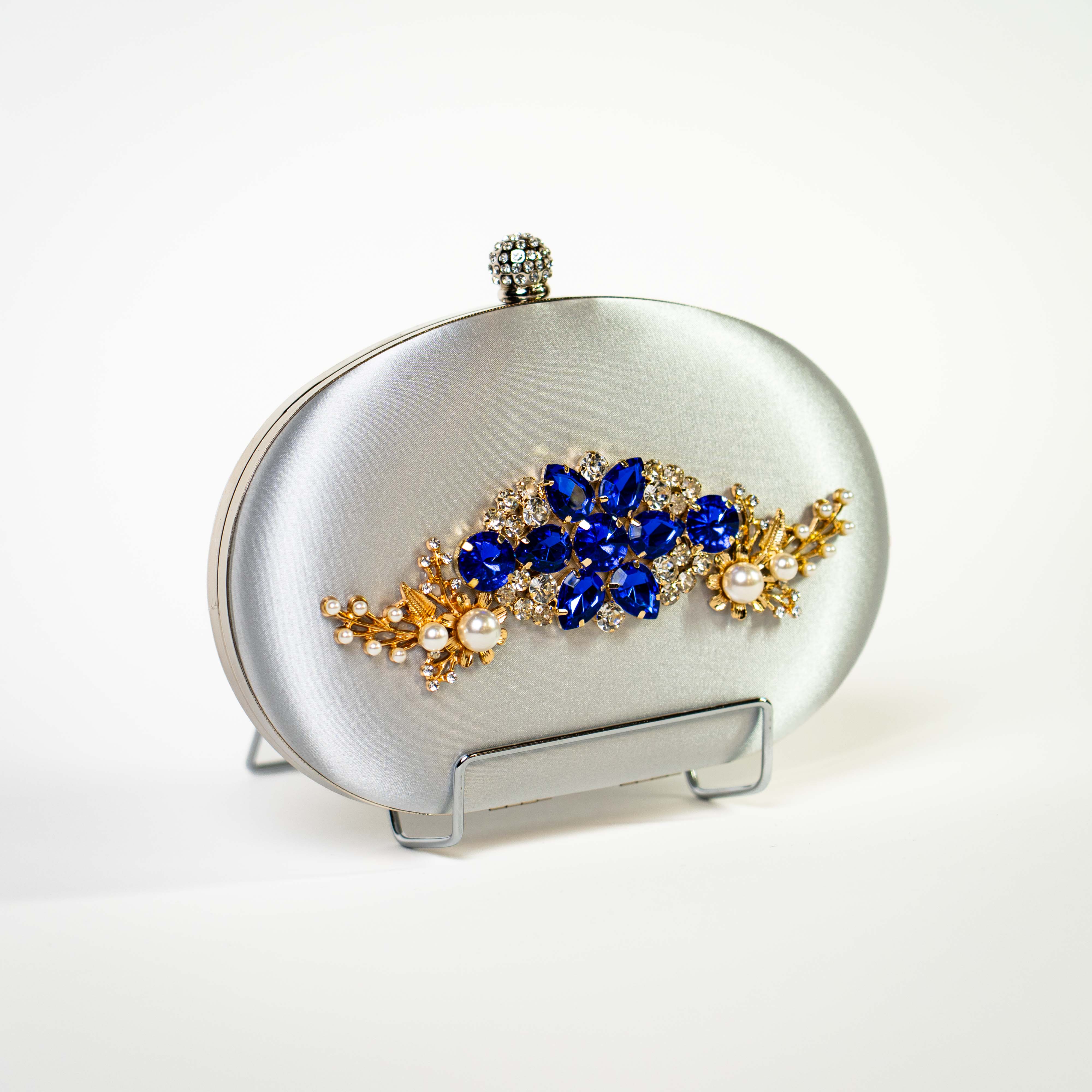 Jeweled Satin Clutch - Silver