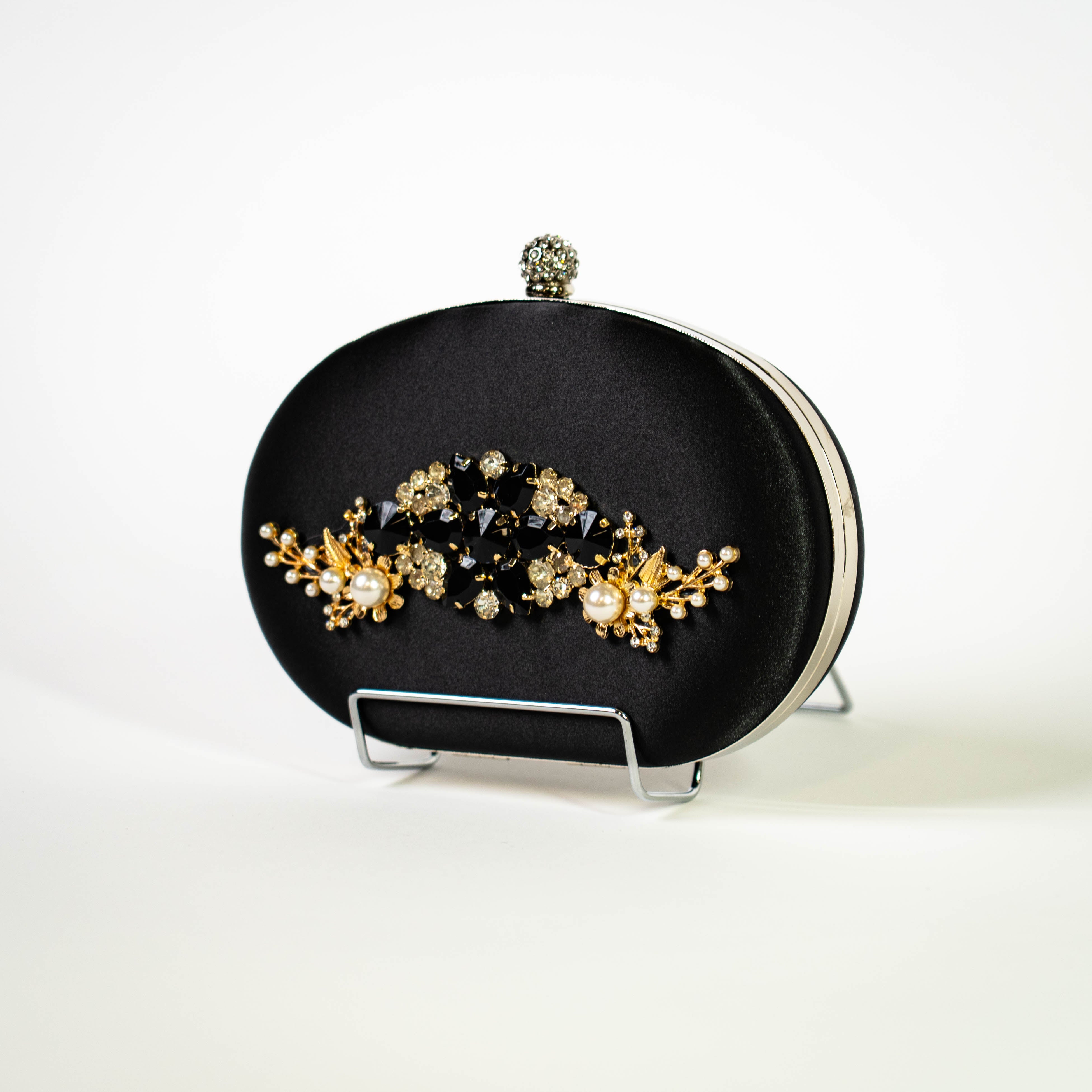 Jeweled Satin Clutch - Black