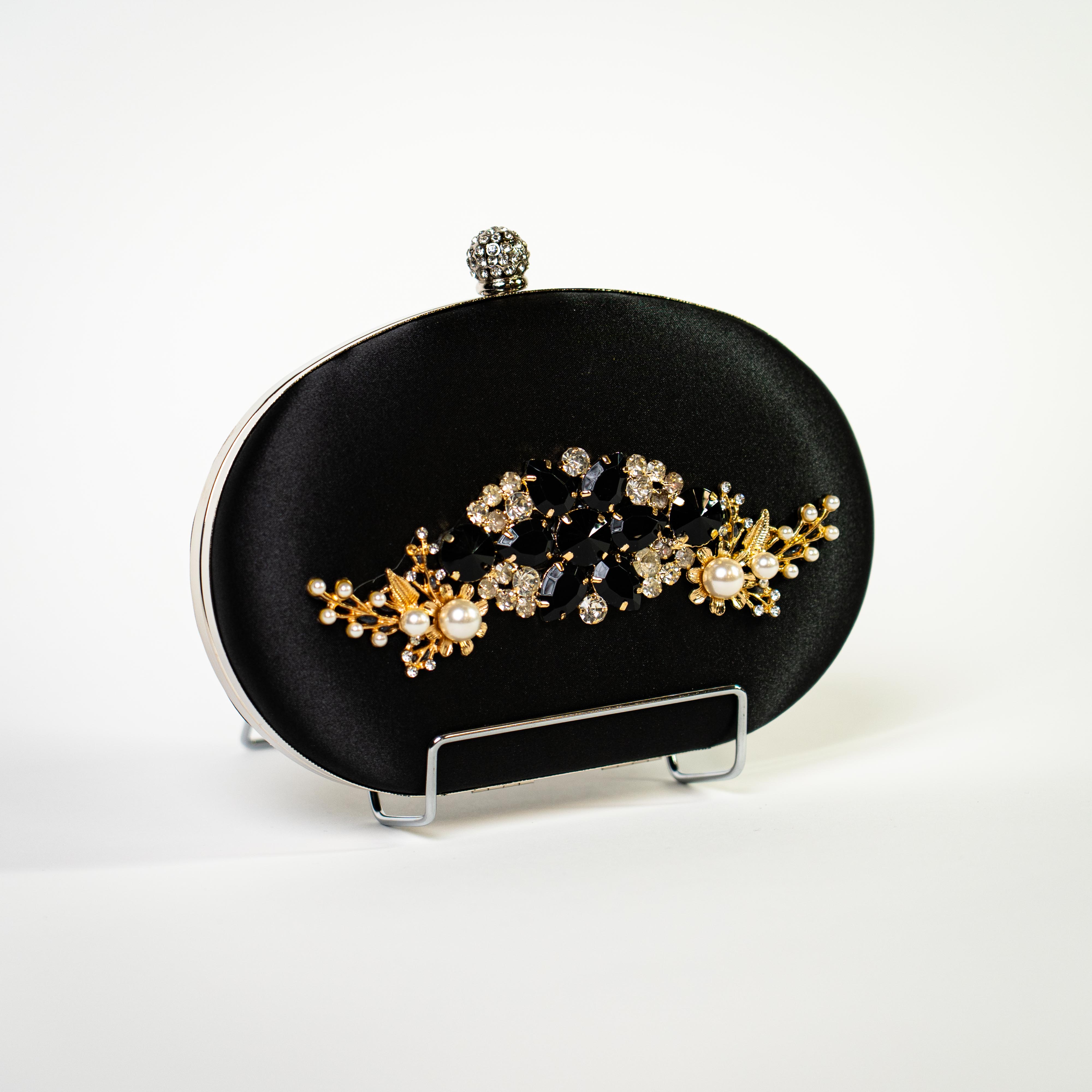 Jeweled Satin Clutch - Black